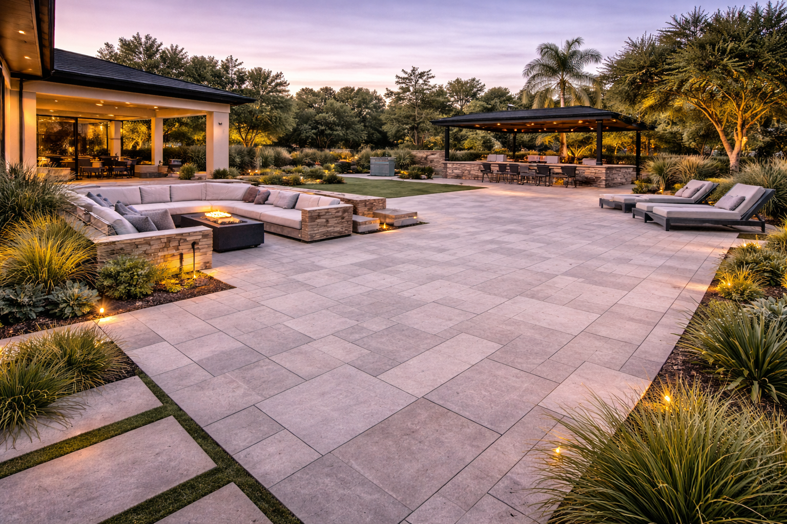 Outdoor living spaces fire pit pergola kitchen